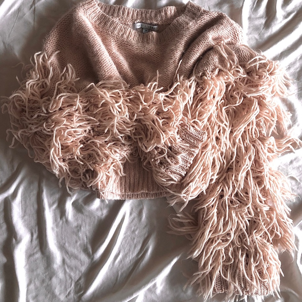 Nastygal fringe arm crop pink sweater
